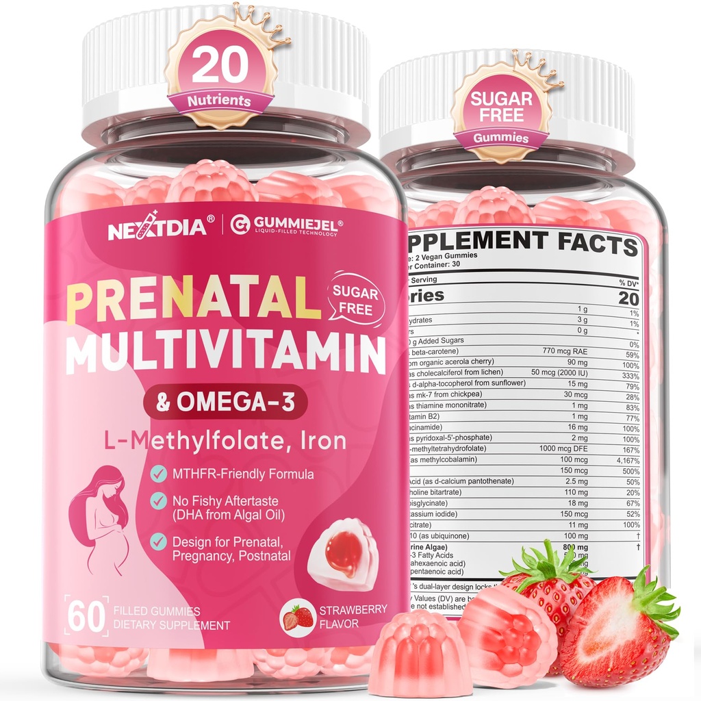 Vitaminas prenatales para Mujeres Gummies, Methylfolate 1mg, Vegan Omega 3 DHA 800mg, Hierro, Choline, Iodine, Vitamina D3 B6 B12 - Multivitamínico para Mujeres Antes, Durante > Después del embarazo, Azúcar Gratis, 60 Cuenta