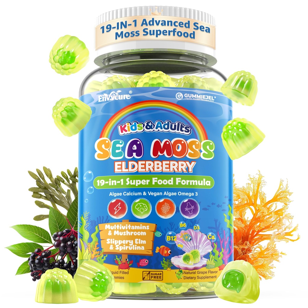 Moss de Mar + Gummies de Elderberry para Adultos Niños, 19-IN-1 Super Food with Spirulina, Algae Omega 3, Algae Calcium, Ashwagandha, Mushroom, Vitaminas D3, C para Immune, Gut, Bone, Energy, Brain,Vegan 60Cts