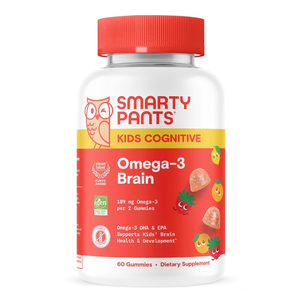 SmartyPants Kids Vitamins Cognitive Omega-3 Brain Gummies with DHA &amp; EPA, Citrus Strawberry, 60 Cuenta (30 Day Supply)