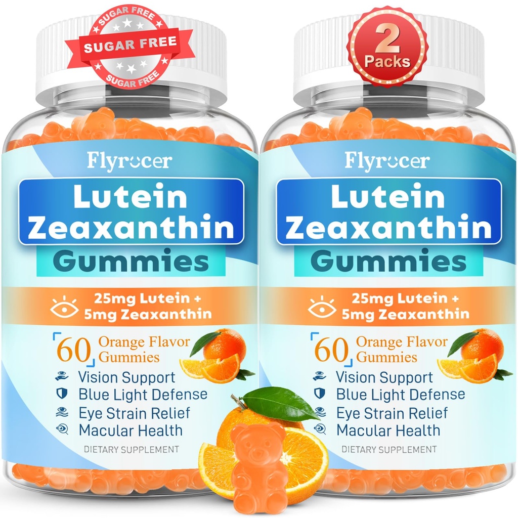 Sugar Free Lutein Gummies 25mg, Lutein y Zeaxanthin Suplementos para la salud ocular, 13-en-1 Eye Care Fórmula con Omega-3 Bilberry Saffron-Vision Health, Eye Strain, Dry Eyes,Vegan Orange Flavor 120 Cts