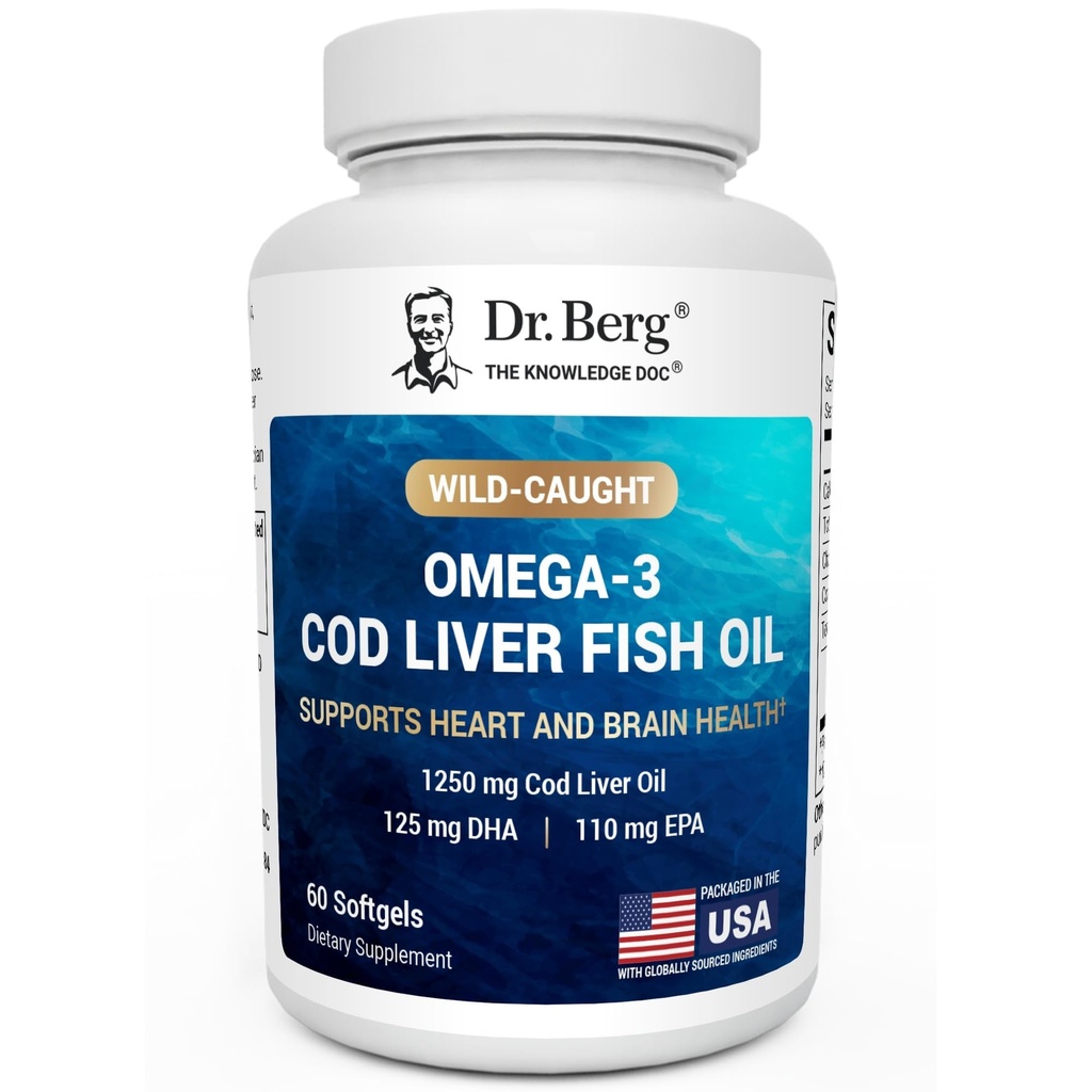 Dr. Berg Omega-3 Cod Liver Fish Oil 60 Softgels – Wild-Caught Icelandic Cod – Omega 3 EPA " DHA – Heart, Brain, Immune " Eye Support* – Lemon Flavor – 4X Lab-Tested – Non-GMO, No Fillers