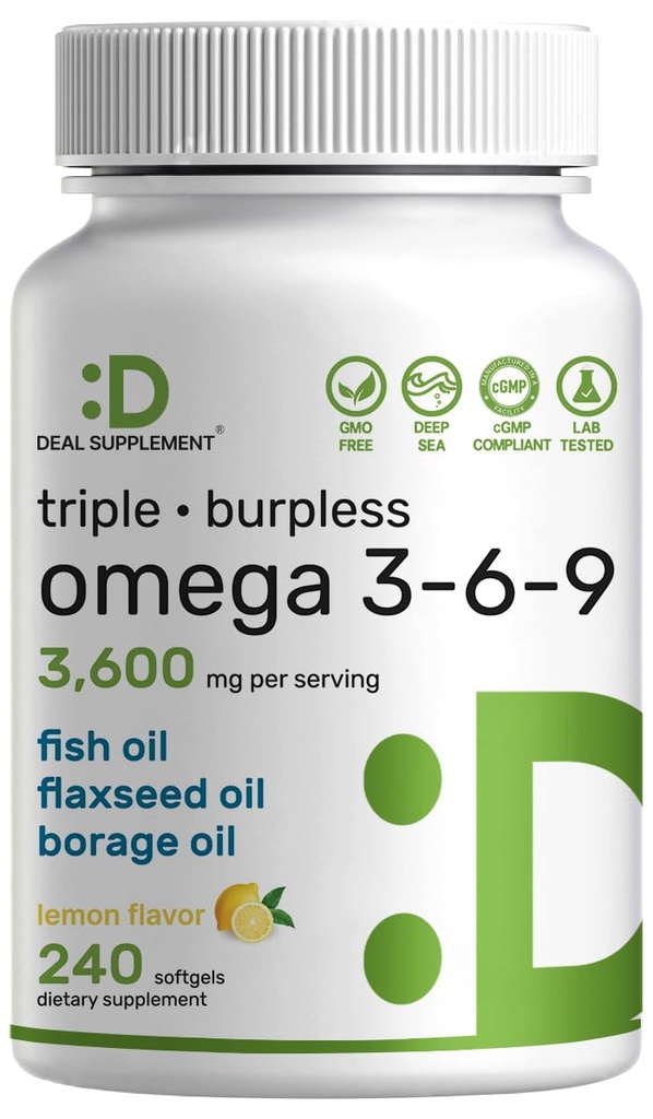 Triple Omega 3-6-9 Suplementos de aceite de pescado 3,600mg – 240 Softgels con aceite de linaza y aceites de borrado Complejo – Alta EPA + DHA – Píldoras de Burpless, Saborado de limón, CorazÃ3n, Conjunto, &amp; Cerebro