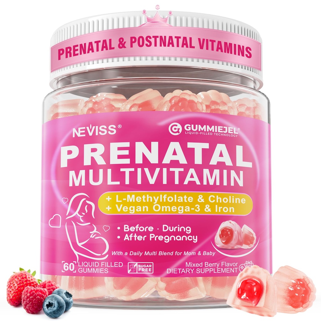 Vitaminas prenatales para Mujeres Gummies Multivitamínicas w/ Methylfolate 1mg, Choline Omega-3(DHA+EPA) Hierro, Vitaminas postnatales para las mujeres Lactancias antes,Durante > Después del embarazo,Vergan,60Cts