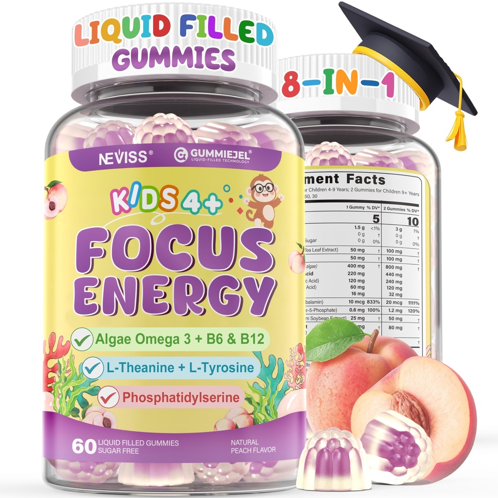 Kids Focus Gummies - Suplementos cerebrales con Vegan Omega 3 DHA, Phosphatidylserine, L-Theanine, L-Tyrosine, Methylated B6 &amp; B12 para niños &amp; adolescentes Soporte Atención, memoria, nootrópico, azúcar libre 60cts