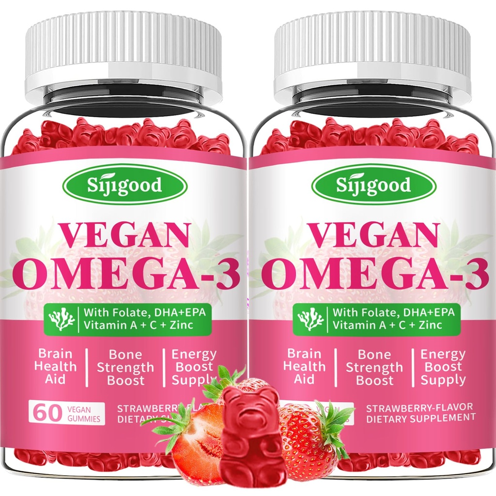 Omega-3 Gummies Potent Algae Omega Fuente, Boost Brain, Eye &amp; Immune Función, con DHA y EPA Vegan & Sugar Gratis, Strawberry Flavor, 120 Conde