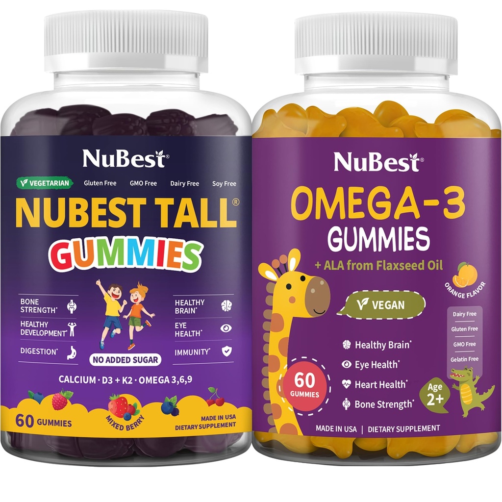 NuBest Bundle: Gummies diarias para el desarrollo integral, salud cerebral, salud ocular Gummies y Omega 3 Aceite de Flaxseed para niños y adolescentes
