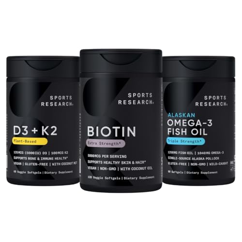 Sports Research® Healthy Hair Pack - Biotin 5,000mcg con aceite de coco orgánico + Vegan Vitamina D 5000iu &amp; Mk7 Vitamin K 100mcg + Omega-3 Fish Oil 1250