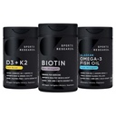 Sports Research® Healthy Hair Pack - Biotin 5,000mcg con aceite de coco orgánico + Vegan Vitamina D 5000iu &amp; Mk7 Vitamin K 100mcg + Omega-3 Fish Oil 1250