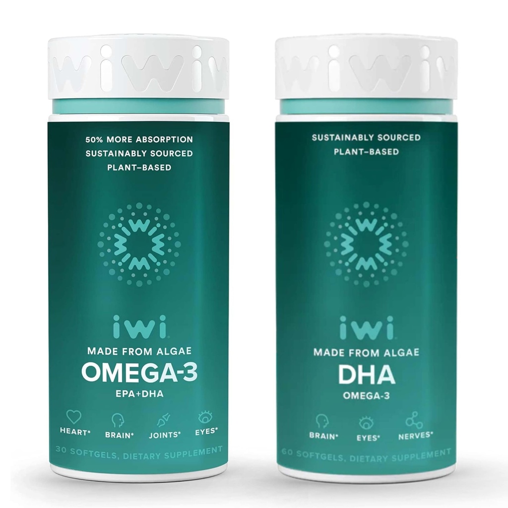 Iwi Omega-3 " DHA Omega-3 Bundle, 30 Servings, Vegan Plant-Based Algae Omega 3, Krill " Fish Oil Alternative, No Fishy Aftertaste