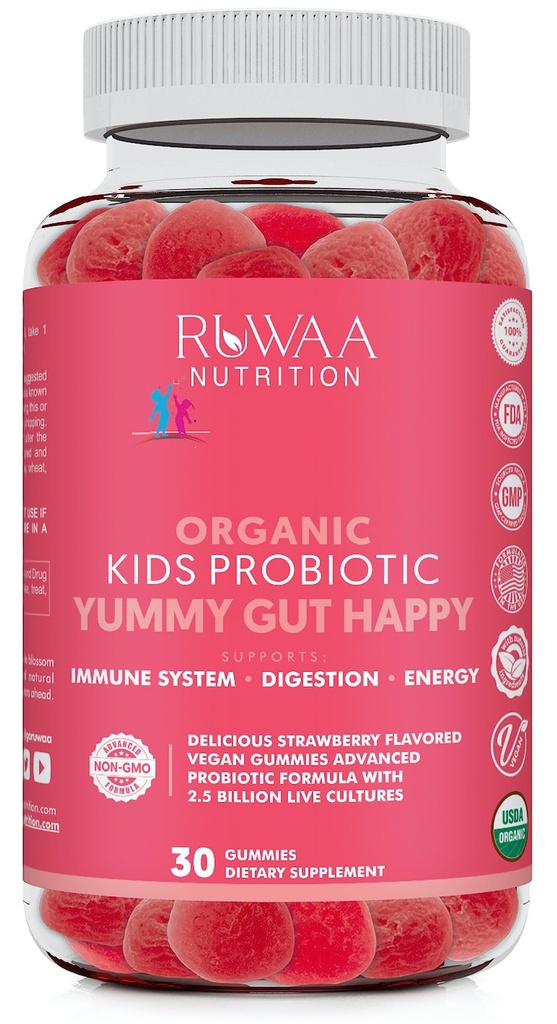 RUWAA NUTRITION Kids Organic Probiotic Gummies for Digestive Health, Immune Support, Constipation, Bloating. 2.5 Billones CFU, Sabor de Fresa, Probióticos Chewable para Niños Edades 4+, 30ct (1)