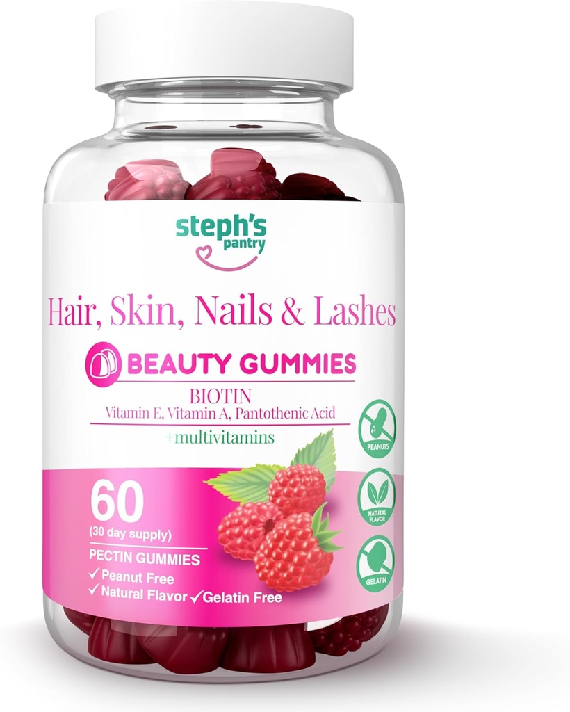 Steph's Pantry Biotin Gummies for Hair, Skin, Nails, & Lashes High Strength Gummies ← Daily Multivitamins ANTE Gluten-Free, Nut-Free, Non-GMO, Plant-Based, Vegan, Kosher tención (60 Gummies)