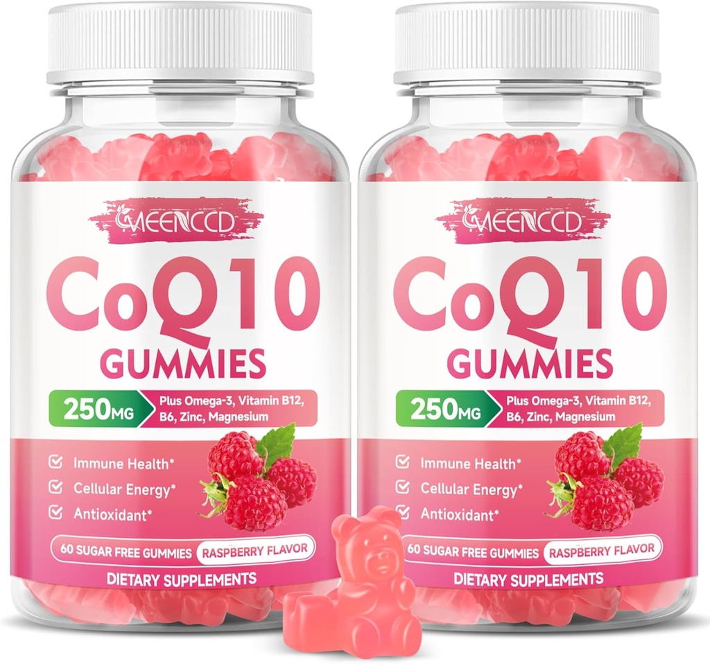 CoQ10 sin azúcar Gummies 250mg, Coenzyme Q10 Suplementos Plus Omega-3, Vitamina B6 & Zinc, Alta Absorción CoQ10 Suplemento para Energía Celular y Apoyo Antioxidante, Raspberry Flavor, Vegan 120Cts