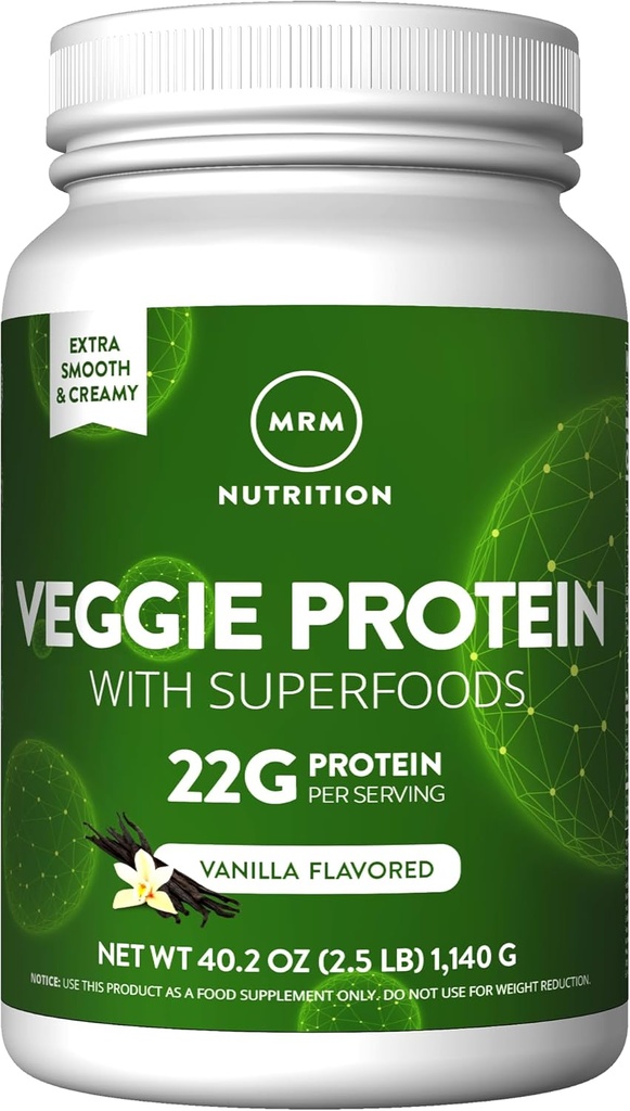 MRM Nutrición Veggie Protein with Superfoods Silencio Vanilla Flavored TEN 22g Protein completo TENER Sobre 8.8g Aminoácidos esenciales TEN 13 superalimentos ANTERIOR con Omega 3s y Omega6s ANTE Keto Friendly TENIDO 30 Servimientos