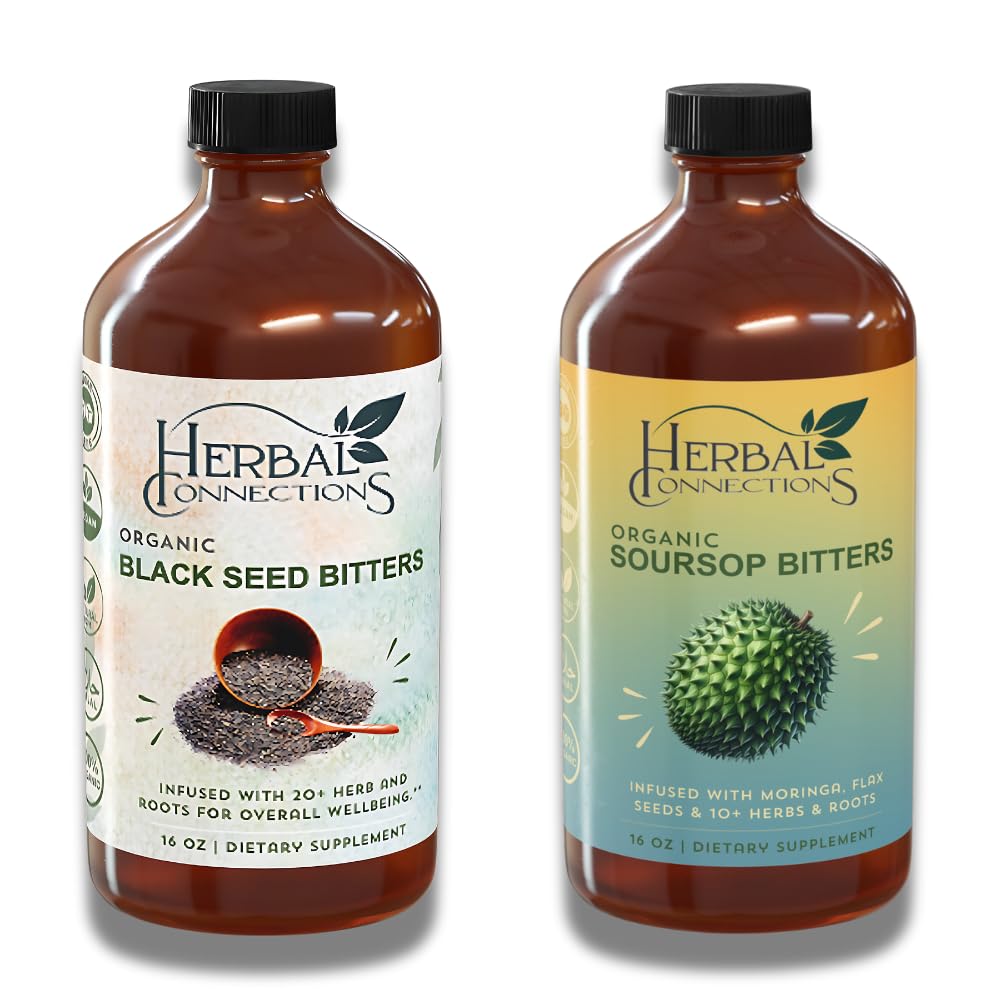 Herbal Connections Organic Soursop " Black Seed Bitters Bundle - Natural Plant-Based Ingredients for Gentle Detox " Digestive Health Two Bottles, 32 Ounces (16 Ounces Cada), 64 Servidores