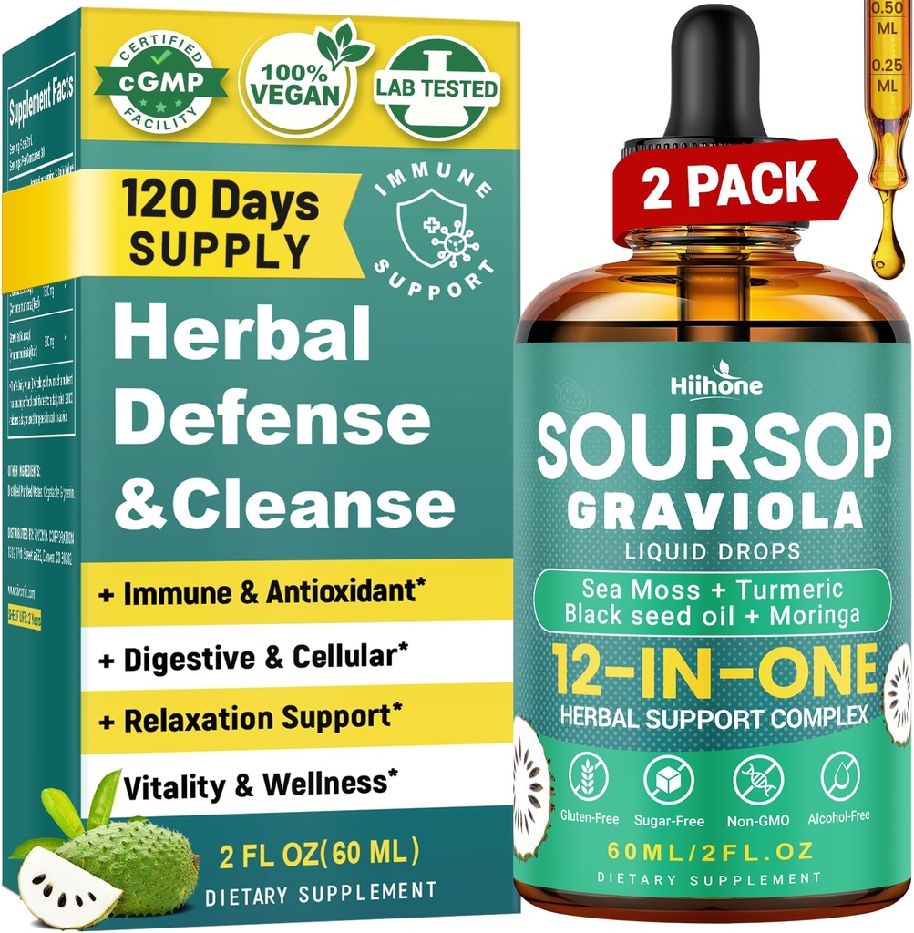 HIIHONE (2 Pack) 12-en-1 Soursop Bitters gotas líquidas con Moss Mar, Aceite de semillas negras, Moringa para la regeneración de la célula, inmunidad, hígado, Gut & Antioxidante - 2 Fl Oz
