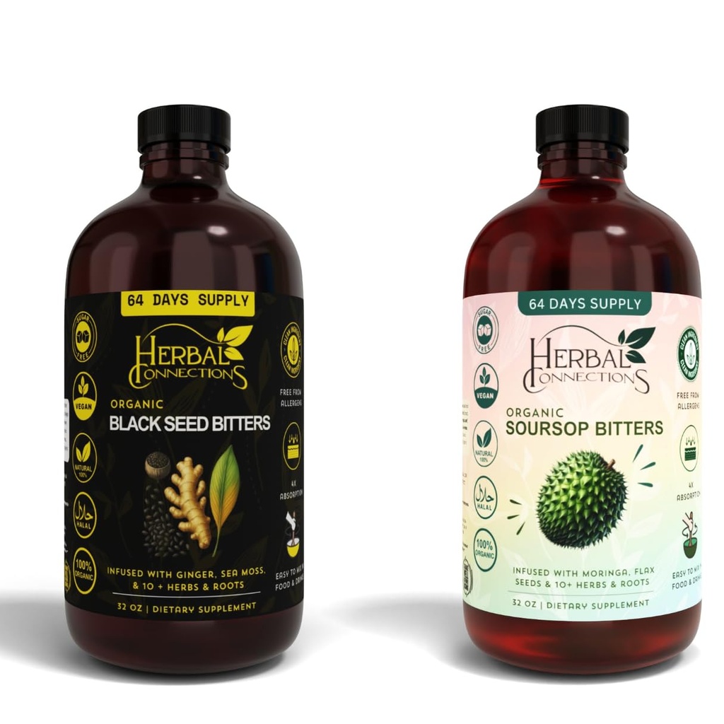 Black Seed " Soursop Bitters Bundle – 2 x 32 oz Botellas - 64-Day Supply – Vegan Organic Herbal Tonic for Digestive Health " Total Wellness – No Sugar, Made in USA.