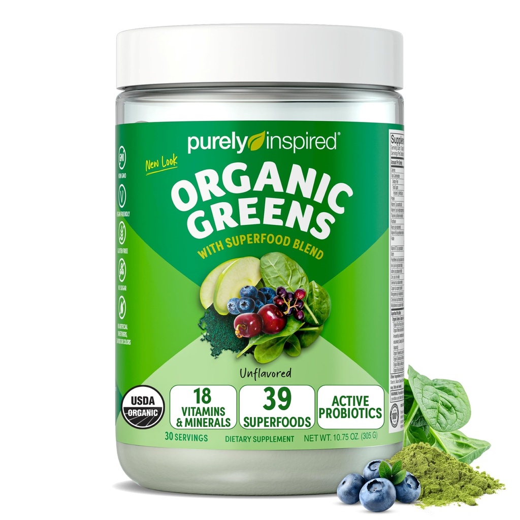 Verdes orgánicos puramente inspirados Powder Superfood Smoothie Mix, Des saboreado (30 servidos) - Super Verdes con Probióticos, Spirulina & Clorella para Gut & Salud Digestiva - Vegan