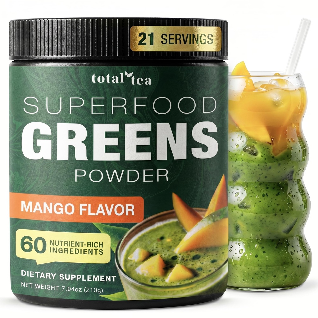 Total Tea Super Verdes Suplemento de Polvo, Verdes, Frutas, Verduras, Bebida Vegana con Spirulina, Clorella y Vitaminas 25 Servimientos - Mango