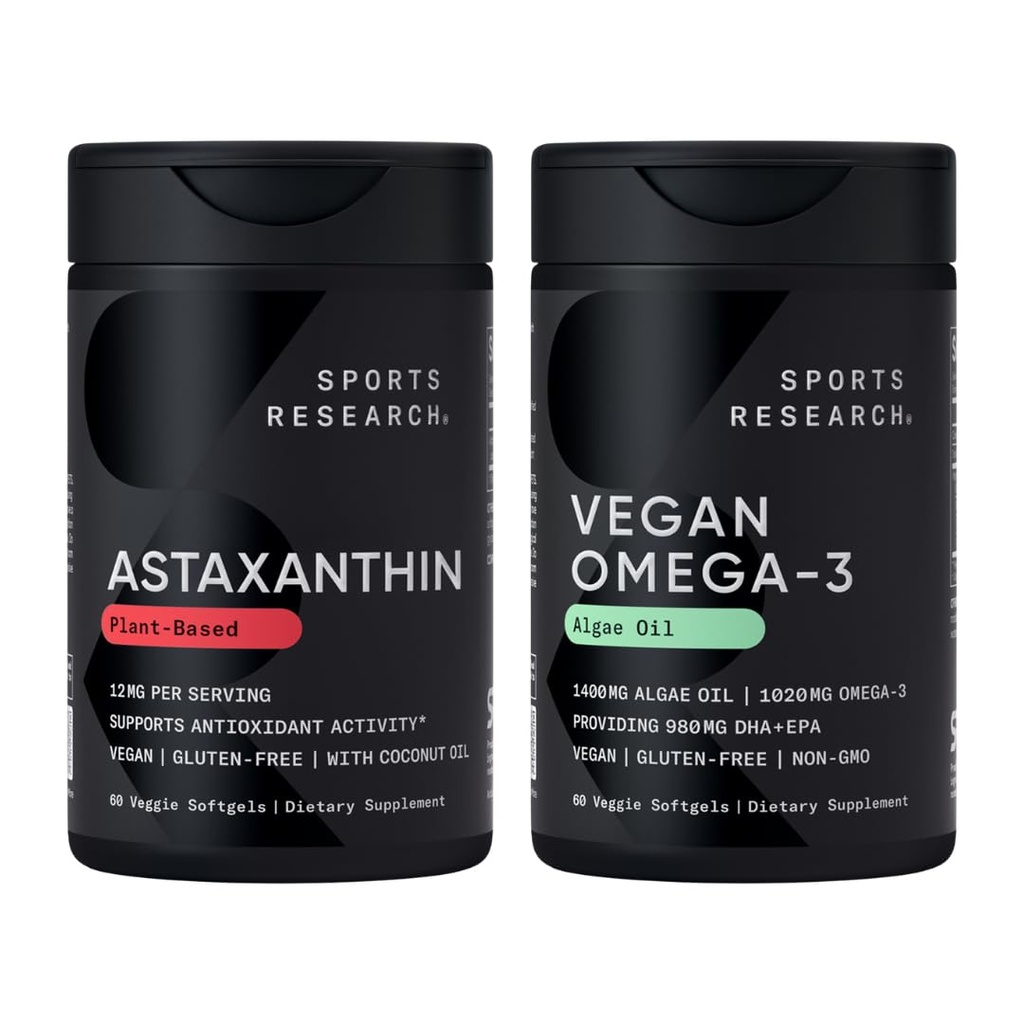Sports Research® Vegan Antioxidant Support Pack - Omega-3 Algae Oil and Plant Based Astaxanthin Softgels for Antioxidant Activity, Skin & Eye Health (60 Veggie Softgels Cada uno)