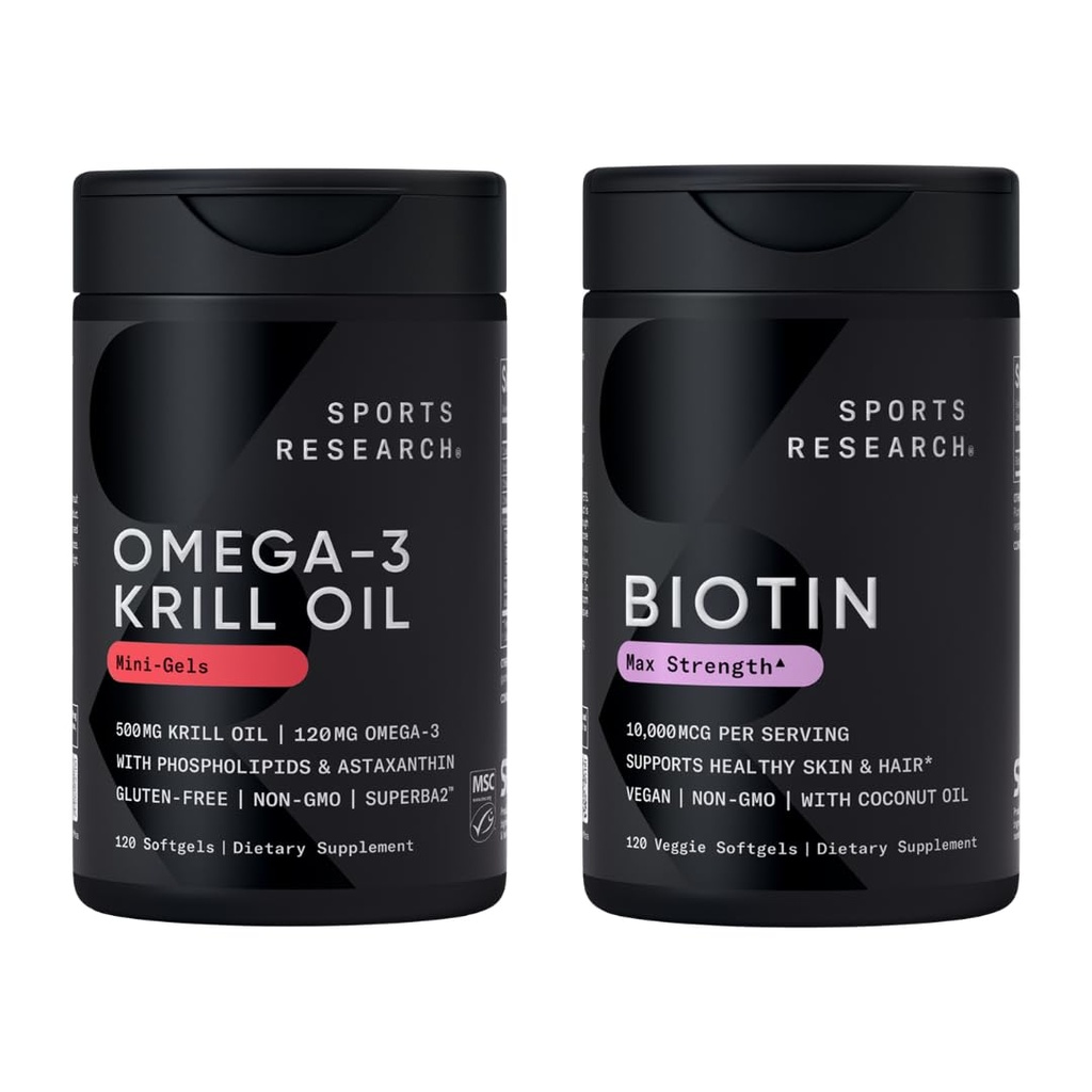 Sports Research® Glow and Flow Pack - Omega-3 Krill Oil 500mg - Pure Antarctic Superba Krill with Phospholipids, Choline " Astaxanthin " Biotin 10,000mcg with Organic Coconut Oil (Vitamin B7)