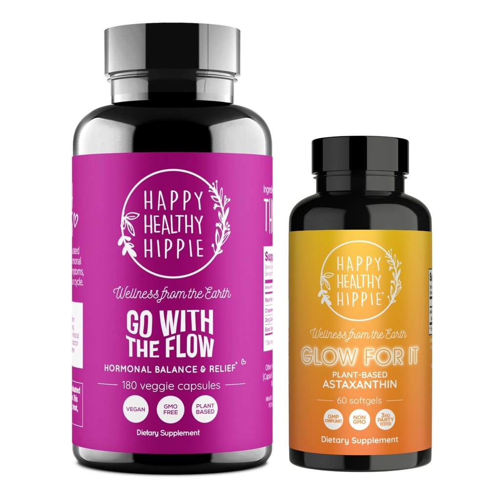 Happy Healthy Hippie Glow for It Astaxanthin Supplement &amp; Go with The Flow Hormone Balance for Women 180ct