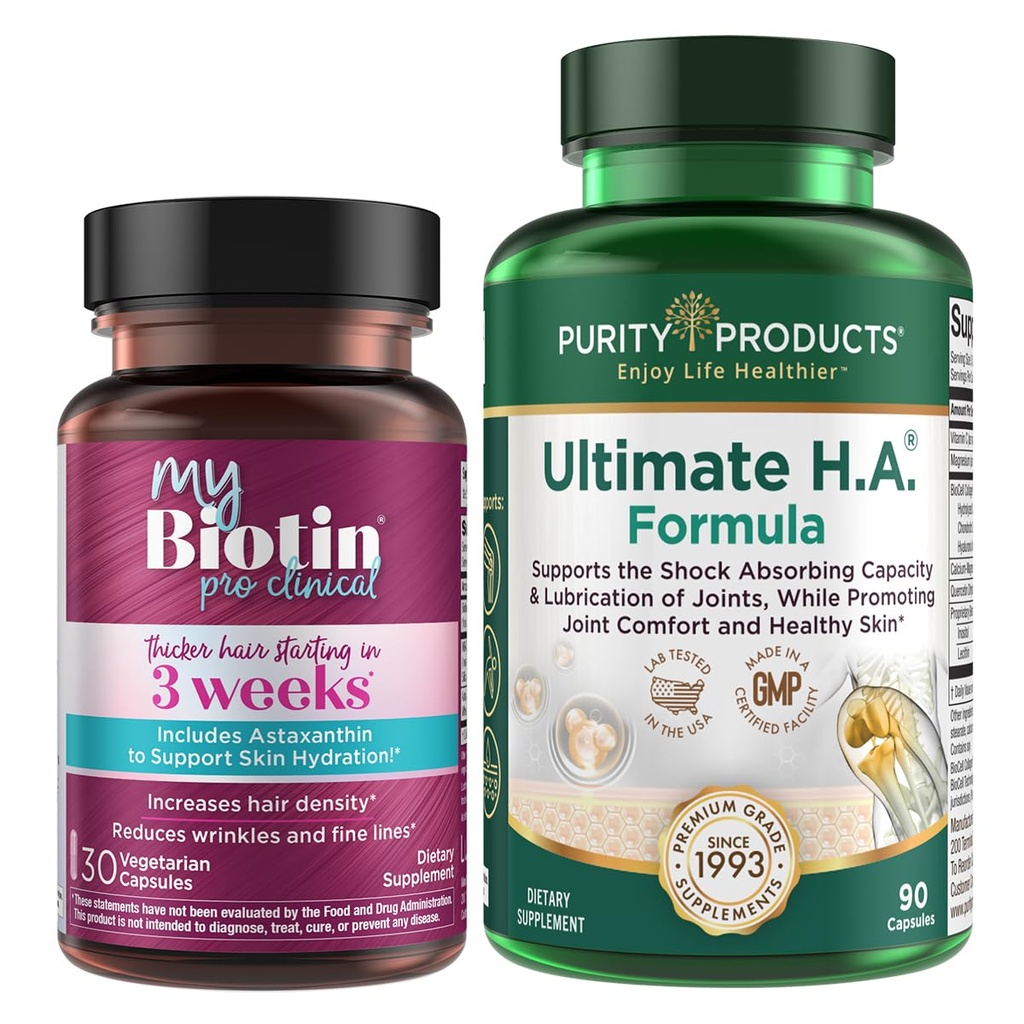 Purity Products Bundle - MyBiotin ProClinical + Ultimate H.A MyBiotin ProClinical (Biotin, MB40X Matrix, Astaxanthin) - Ultimate H.A. (BioCell Collagen, Quercetin, Hyaluronic Acid +Más)
