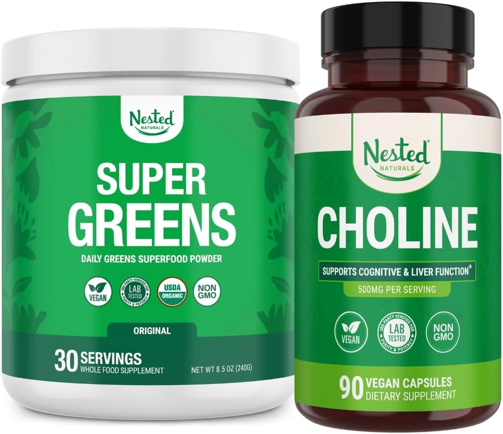 Anidado Naturales Super Verdes " Choline Bundle ← Polvo Superalimentario con Probióticos " Fiber " Choline Bitartrate for Cognitive Function " Clean Energy