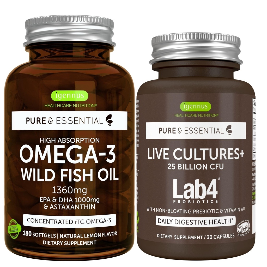 Absorción alta pura y esencial Omega-3 aceite de pescado silvestre 1360mg + culturas vivas+ Lab4 Probiotics Bundle, 1000mg EPA & DHA con Astaxanthin + 25 Billion CFU Lactobacillus Acidophilus & Bifidobacterium wi