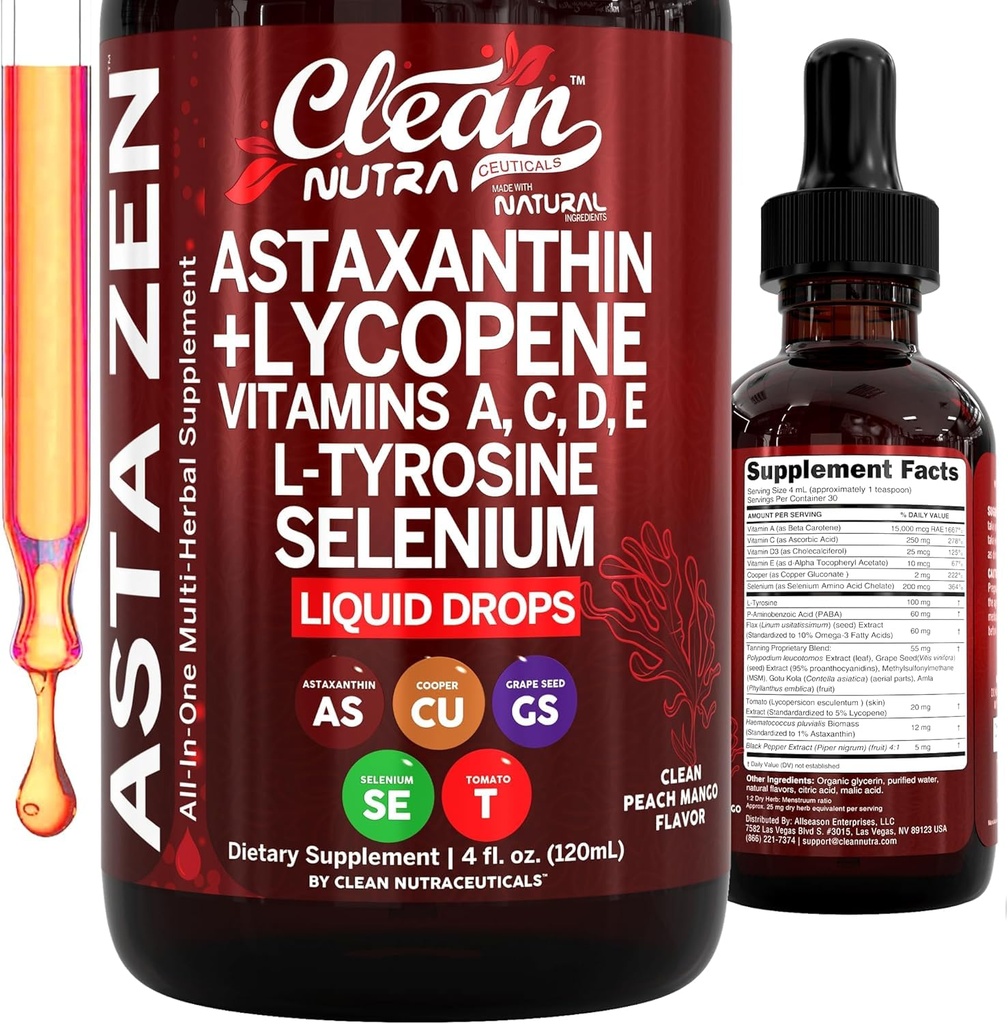 Nutra limpia Astaxanthin Lycopene gotas líquidos Absorción Apoyo Vitaminas A C D E 4 fl oz – Potente natural D3 C E A &amp; Selenium L-Tyrosine Formula Pure Antioxidante Blend Mejorado ingesta de Nutrientes