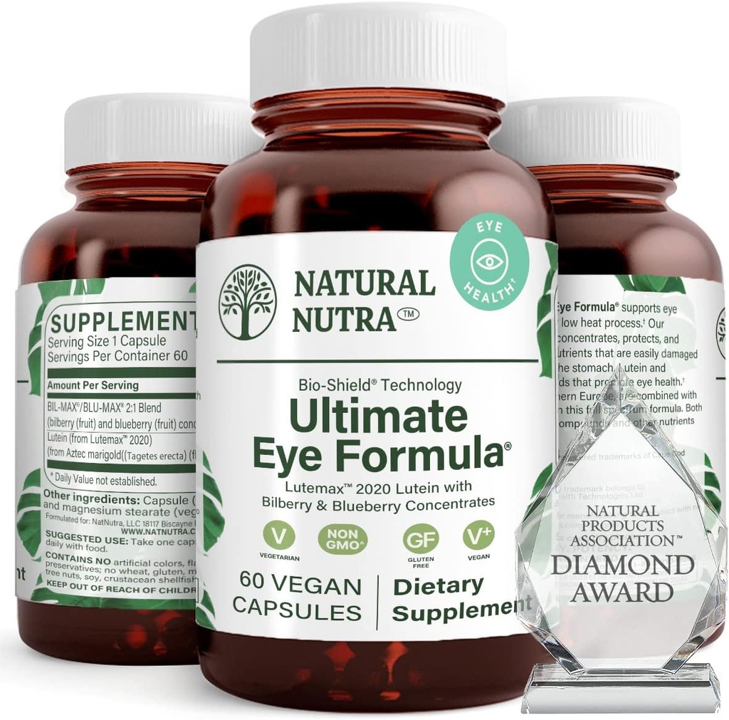 Natural Nutra Ultimate Eye Health Vitaminas, Suplemento, mejora la visión nocturna y la visión del día, apoya la salud del ojo, promueve la habilidad para ver colores, no GMO, Gluten Free, Bilberry Extract, 60 cápsulas