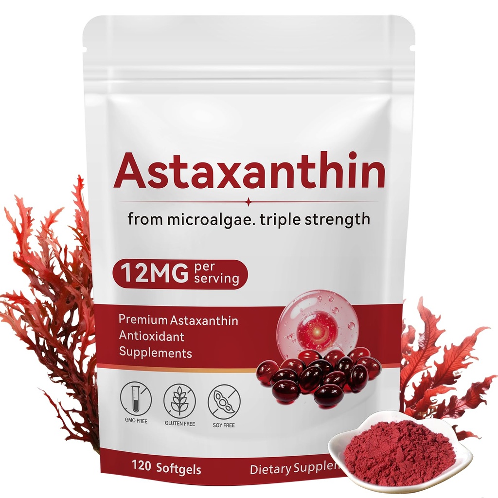 Astaxanthin 12mg, 120 Softgels, Premium Astaxanthin Antioxidante Suplemento Soporta Ojo, Salud de la piel, Inmune, Circulación interna