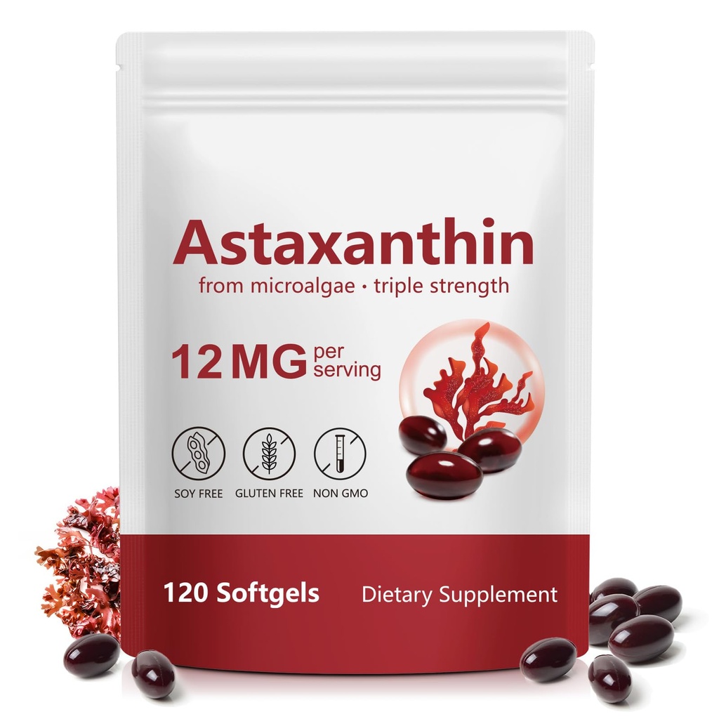 Liefiet Astaxanthin 12mg, Premium Astaxanthin Antioxidant Suplementos, soporta el ojo, la piel, la salud conjunta, fácil de absorber, 120 Softgels, 4 meses de suministro