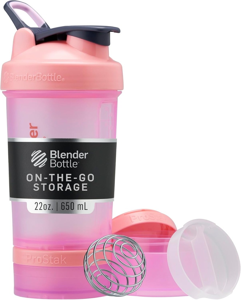 BlenderBottle Shaker Bottle con Organizador de Píldoras y Almacenamiento para Protein Powder, Classic V2 ProStak System, 22-Ounce, Pink