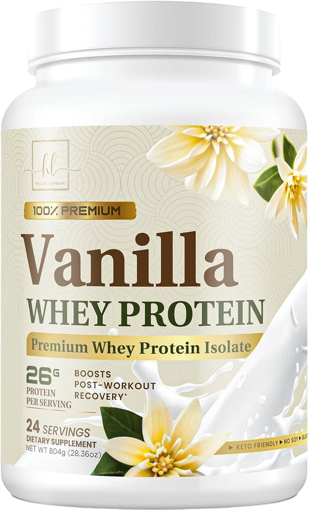 100% Whey Protein Powder, Creamy Vanilla Whey Isolate 26g Protein & BCAAs - Soporte Muscle Growth, Recovery & Fitness - Gluten Free, Fast Absorbing, Easy Digesting - Mujeres & Hombre - 24 Servings