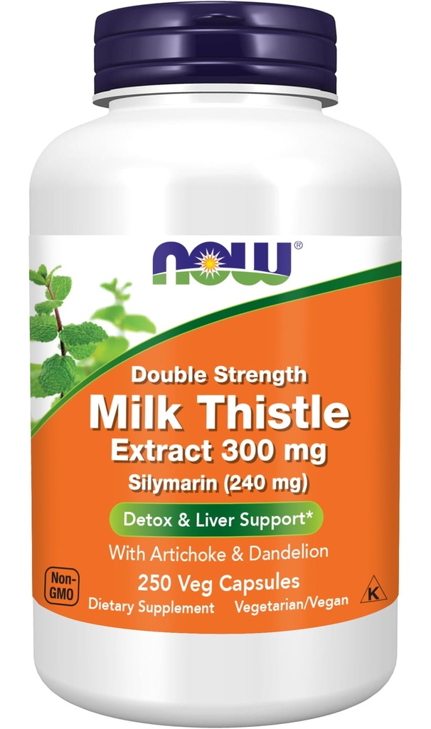 AHORA Alimentos Suplementos, Silymarin Milk Thistle Extrae 300 mg con Artichoke y Dandelion, Doble Fuerza, soporta la función del hígado*, 250 cápsulas Veg (1)