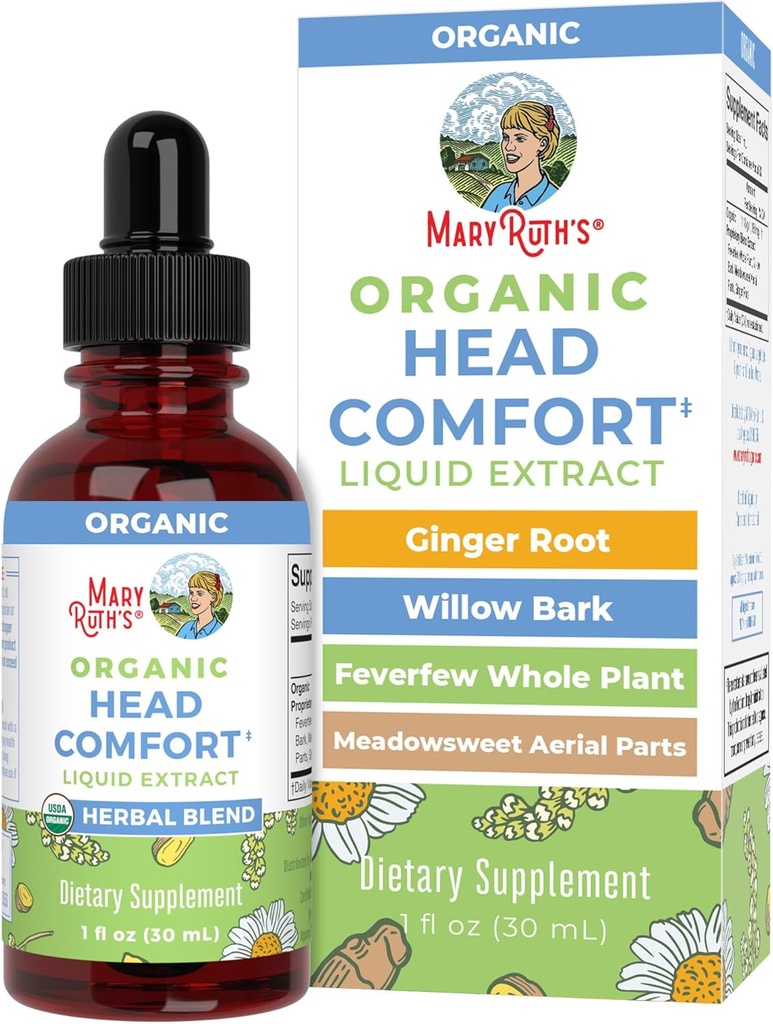 USDA Organic Head Comfort Liquid Extract Herbal Blend by MaryRuth's ⋅ Ginger Root Silencio Willow Bark ← Feverfew Whole Plant ← Meadowsweet ←Herbs tradicionales ← No-GMO Silencio Vegan Silencio Gluten Gratis Silencio 1 Fl Oz