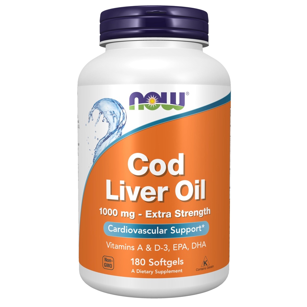 AHORA Suplementos de alimentos, aceite de hígado de bacalao, 1000 mg de fuerza extra con vitaminas A & D-3, EPA, DHA, 180 Softgels