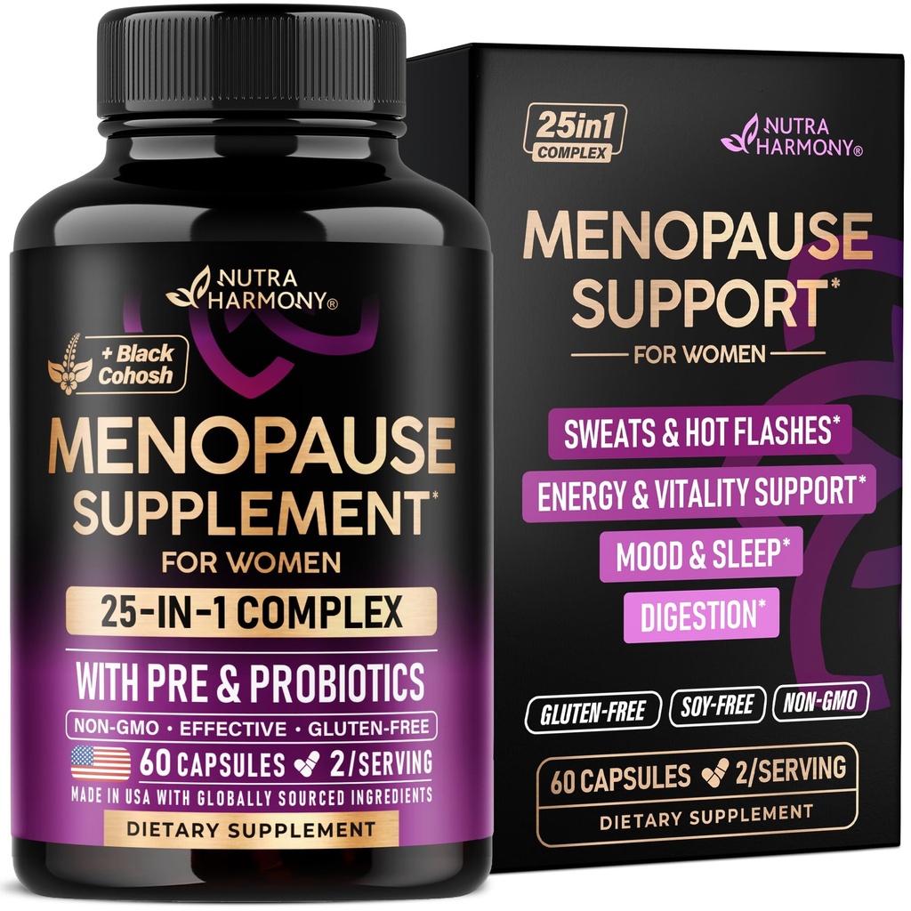 Suplementos de menopausia para mujeres - Dong Quai, Black Cohosh, Pre &amp; Probióticos - Sudaderas " Hot Flashes Relief - Digestion, Sleep " Mood Support - 25-in-1 Perimenopause Complex - Made in USA - 60 cápsulas