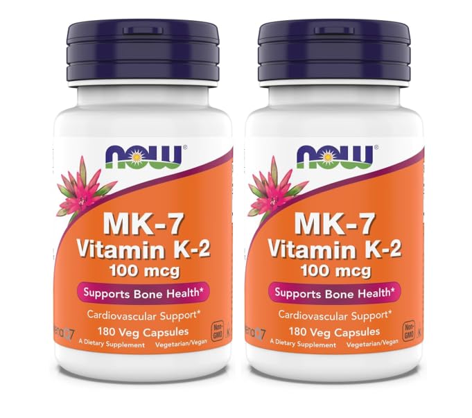 Ahora Suplementos, MK-7 Vitamina K-2 100 mcg, soporte cardiovascular*, ayuda a la salud ósea*, 180 capsules veg (Pack of 2)