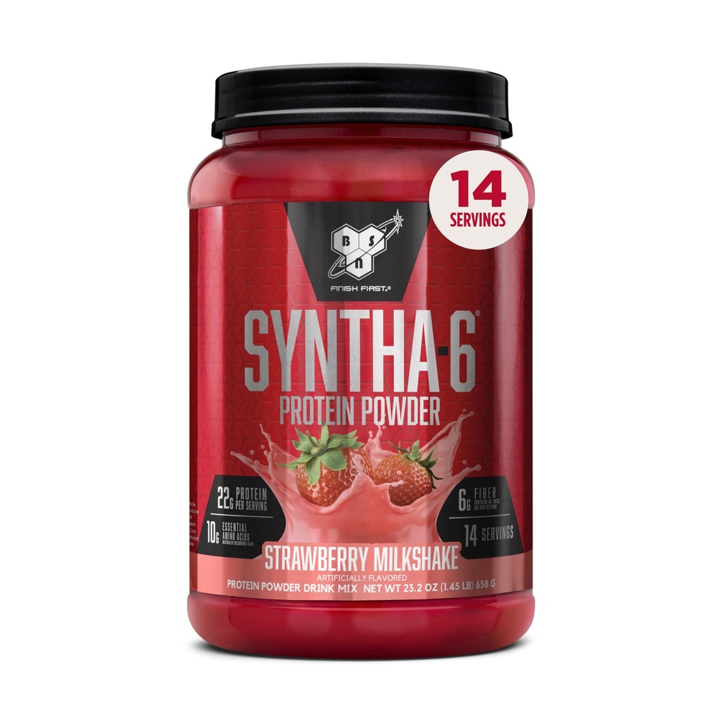 BSN SYNTHA-6 Polvo Proteína Premium con 6g de Fiber, Whey Isolate, Micellar Casein, Milk Protein Isolate, 6g de grasa, Fresa Milkshake, 14 Servings, 1.45 Libra (Packaging May Vary)