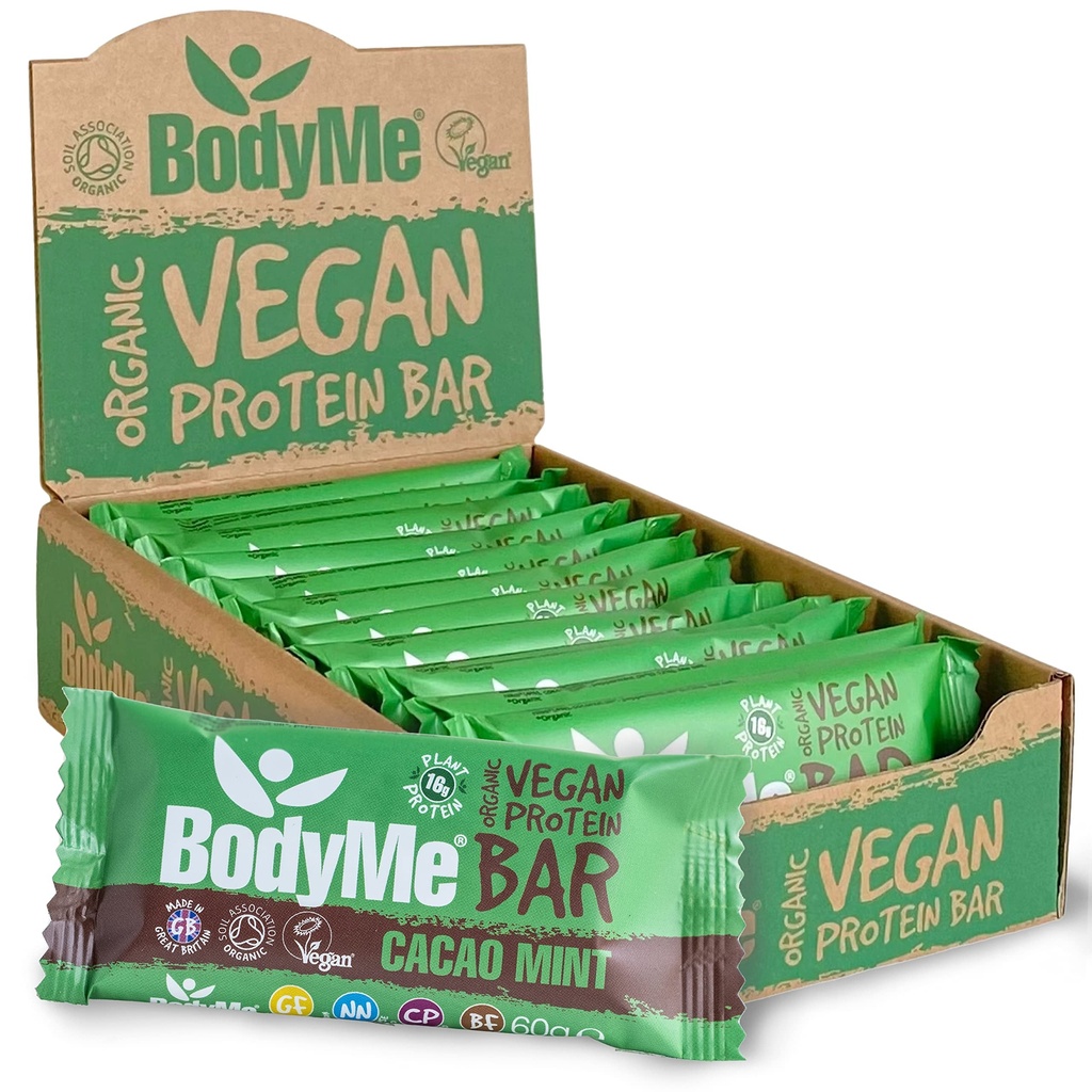BodyMe Organic Vegan Protein Bar ← Raw Cacao Mint ← Caja de 12 x 2.12oz (60g) Silencio con 3 plantas Proteínas