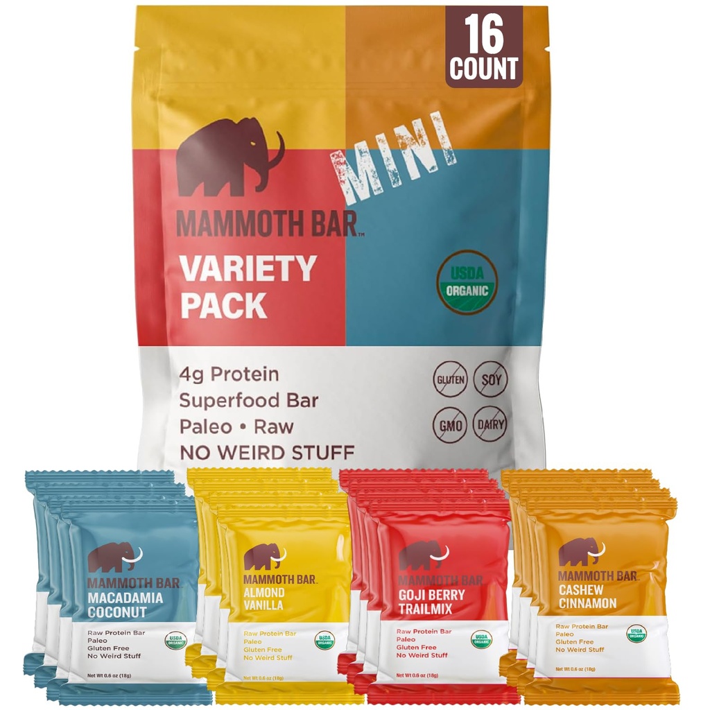 Mammoth Bar Mini - Variety Pack of our Mini Organic Protein Bars – Made with Premium Nuts &amp; Egg White Protein • Orgánico • Paleo • Gluten Gratis • GMO Gratis • Raw - 16 Mini Bar