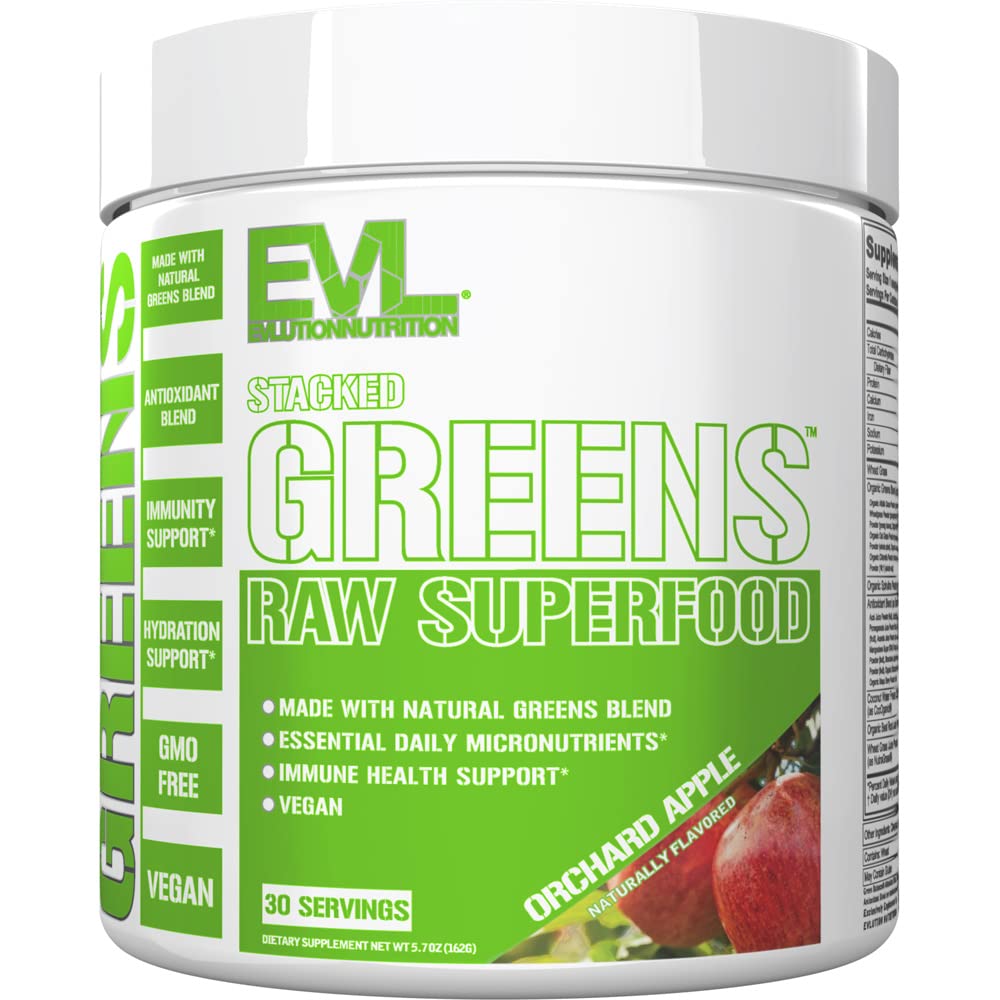 Evlution Nutrition Stacked Greens - Raw Superfood - Made with Natural Greens Blend + Essential Daily Micronutrients - Immunity + Hydration Support - Vegan &amp; GMO-Free - 30 Servings - Orchard Apple