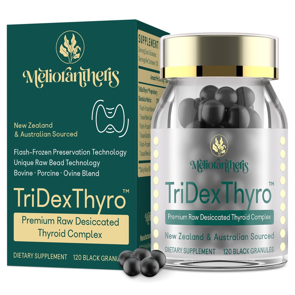 Suplemento de tiroides – TriDexThyroTM Complejo de tiroides crudo 375 mg con Bovine, Porcine " Ovine –120 cápsulas para mujeres y hombres(1 paquete)