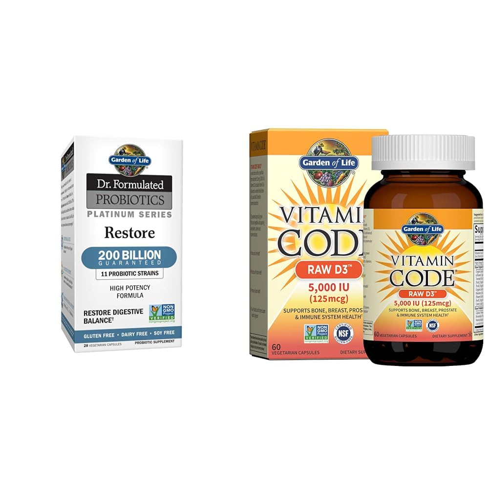 Jardín de la vida Dr. Probióticos Formulados Serie Platinum Restaurar 200 billones de vitamina D, Código de vitamina D3, Vitamina D 5,000 UI, Vitamina de alimentos integrales crudos D