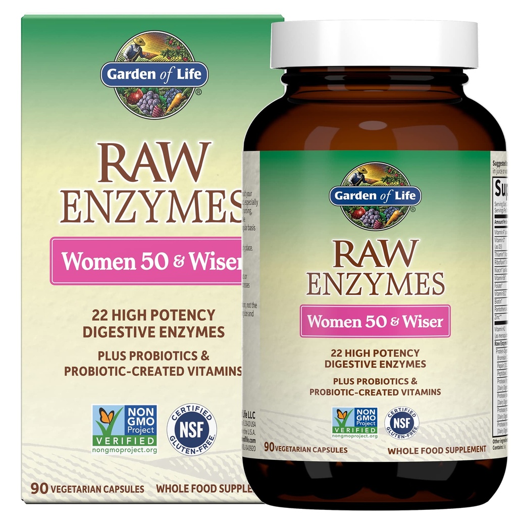 Jardín de la vida 22 Enzimas digestivas para las mujeres 50 " Con Bromelain, Papain " Lactase plus Probióticos " Vitaminas B12, Biotina " Zinc – RAW Enzymes – Non-GMO, Libre de gluten, Vegetariano, 90 cápsulas
