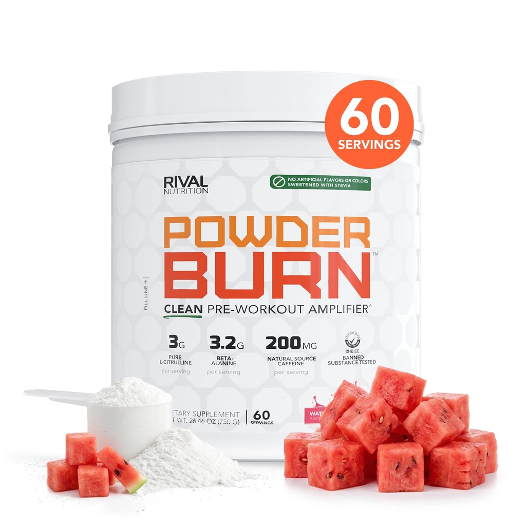RIVAL NUTRITION Powder Burn Pre-Workout Energy Powder for Men and Women I Watermelon Candy, 60 Servings ← Clean Ingredients I 3g L-Citrulline, 3.2g Beta-Alanine y 200mg Natural Caffeine Per Serving
