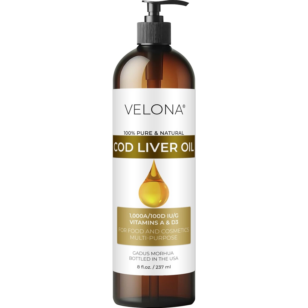 velona Cod Liver Oil - 8 Fl Oz Ø 1000A/100D IU/g Omega 3 Vitaminas A &amp; D3 ← Norwegian Arctic Óleo Nórdico sosteniblemente Fuentedo ← Peluquería, Cuerpo y Cuidado de la Esquía