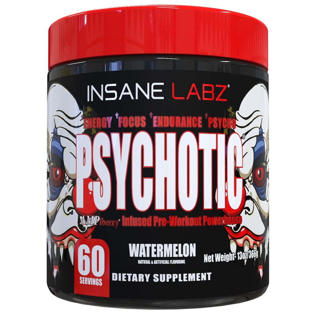 Insane Labz Psicotic, High Stimulant Pre Workout Powder, Extreme Lasting Energy, Focus and Endurance with Beta Alanine, Creatine Monohydrate, DMAE, 60 Srvgs, Watermelon