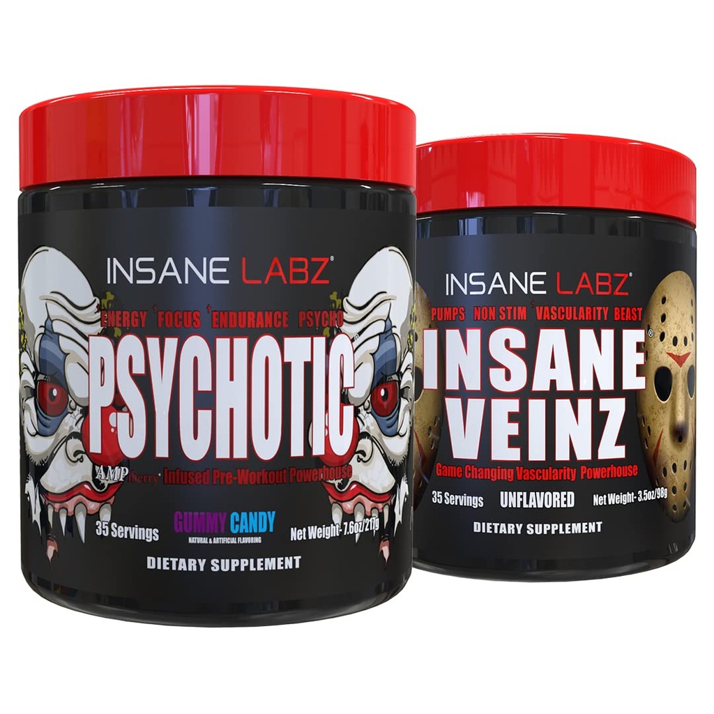 Psicótico, e Insane Veinz, Pre Workout Stack (Gummy Candy y Desflavored)